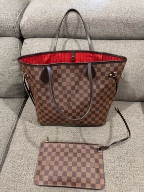 Louis Vuitton Brown Damier Ebene Tote with Red Interior and Matching Pouch